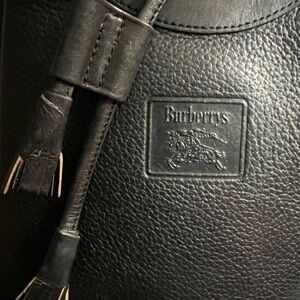 Burberrys Pre-1999 Black Leather Drawstring Bag